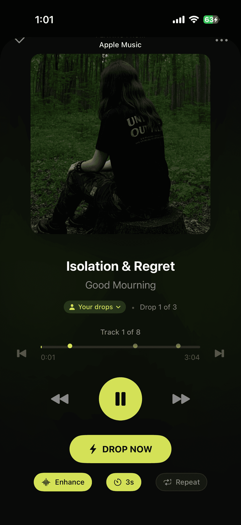 QSET App - Main player with DROP NOW button